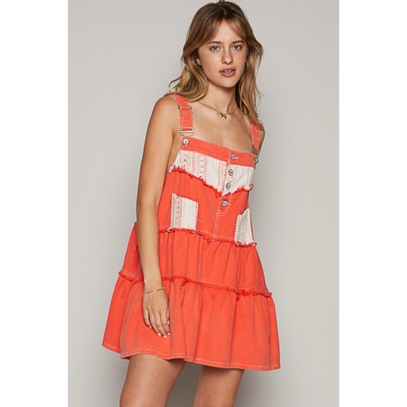 POL Coral Red Denim & Crochet Patch Tiered Skirtall Mini Dress - Picture 3 of 8